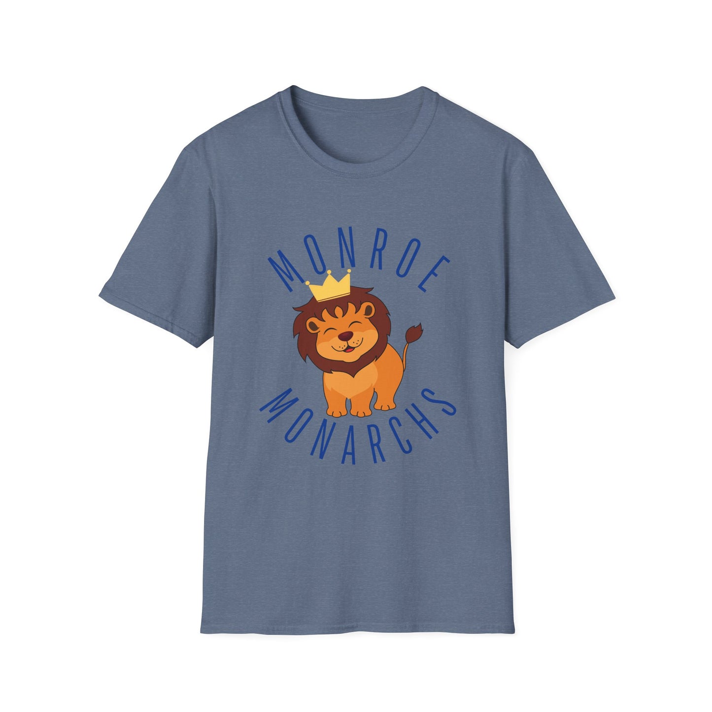 Monroe Monarchs in Blue Lettering with Cute Grinning Lion Adult T-Shirt - Fun & Stylish School Spirit Wear