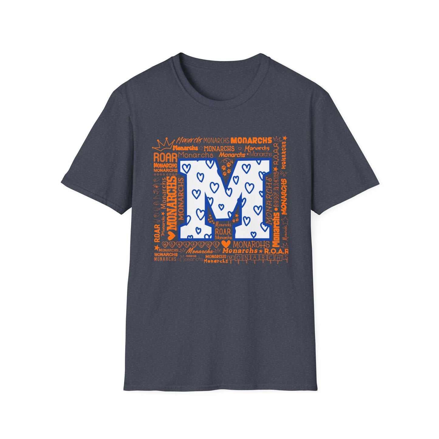 Blue Hearts M Monarch Unisex Softstyle T-Shirt - Monarchs ROAR Graphic Tee