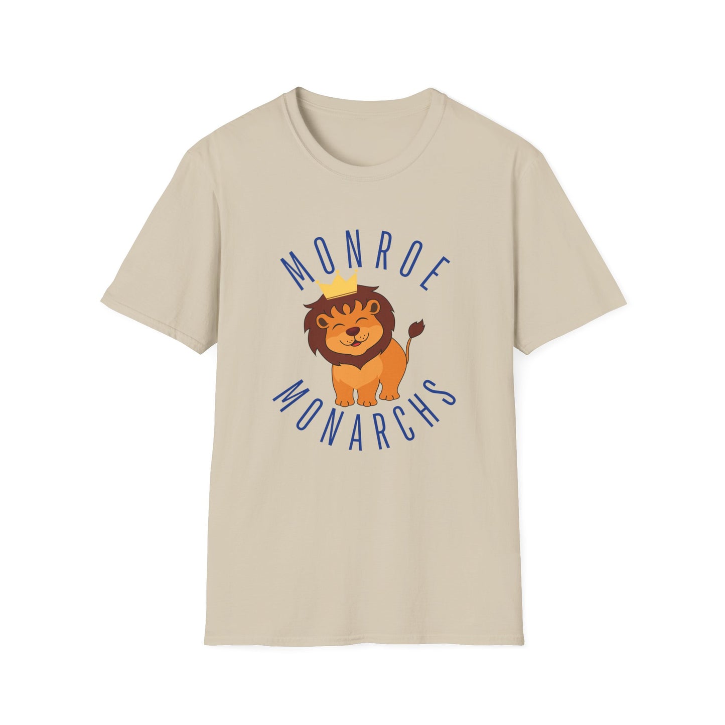 Monroe Monarchs in Blue Lettering with Cute Grinning Lion Adult T-Shirt - Fun & Stylish School Spirit Wear