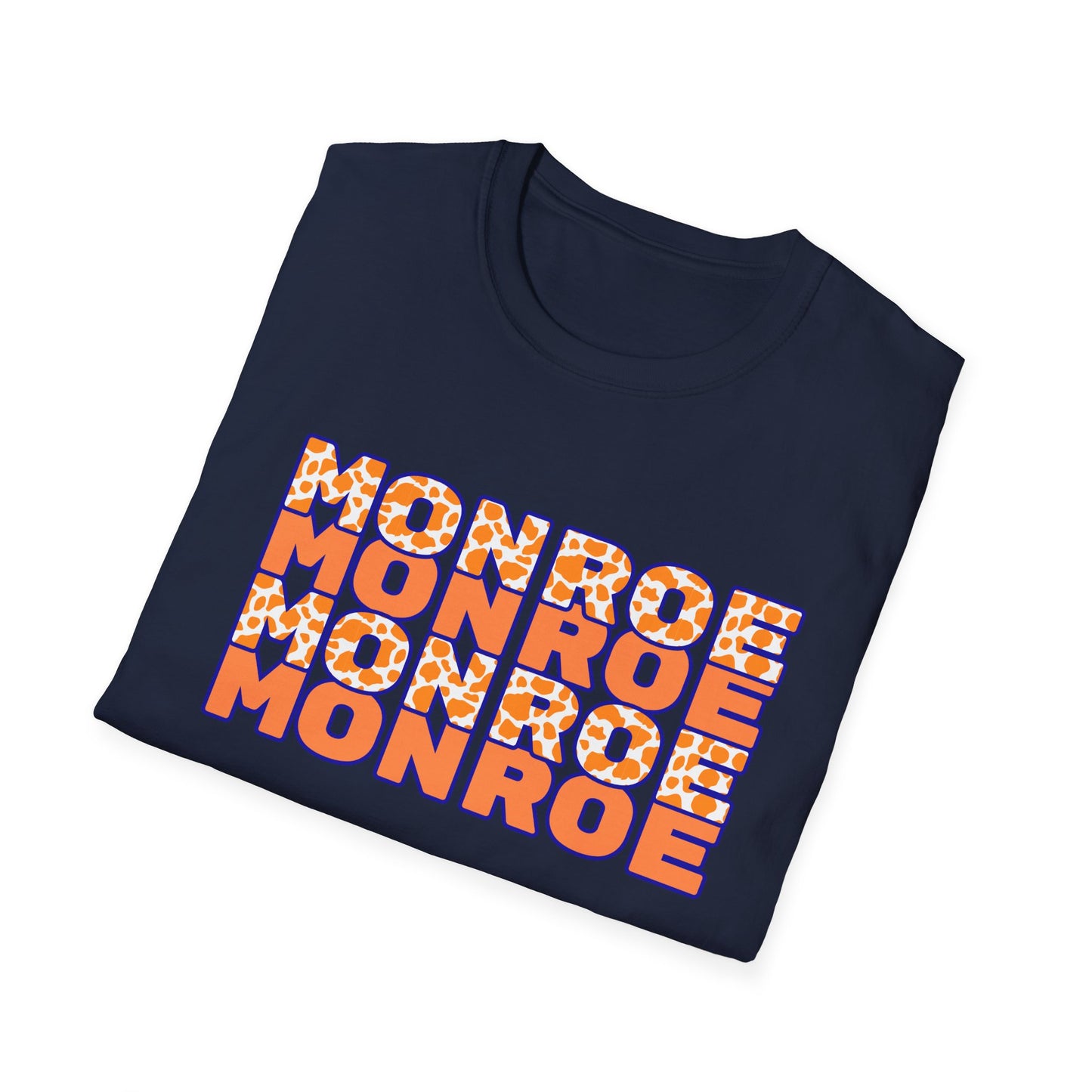 Monroe Cow Print Orange Graphic Unisex Softstyle T-Shirt - Casual Blue Tee for Every Occasion