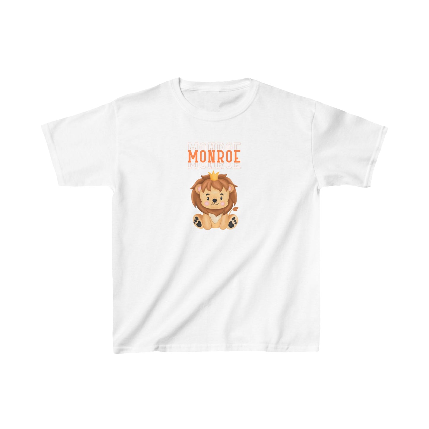 Kids Tee - Cute Lion with Crown and Monroe Lettering in Orange
