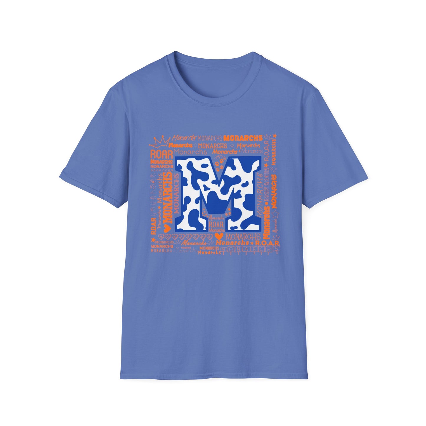 Blue Cow Print M Monarchs Unisex Softstyle T-Shirt - Monarchs Roar Graphic Tee for School Spirit