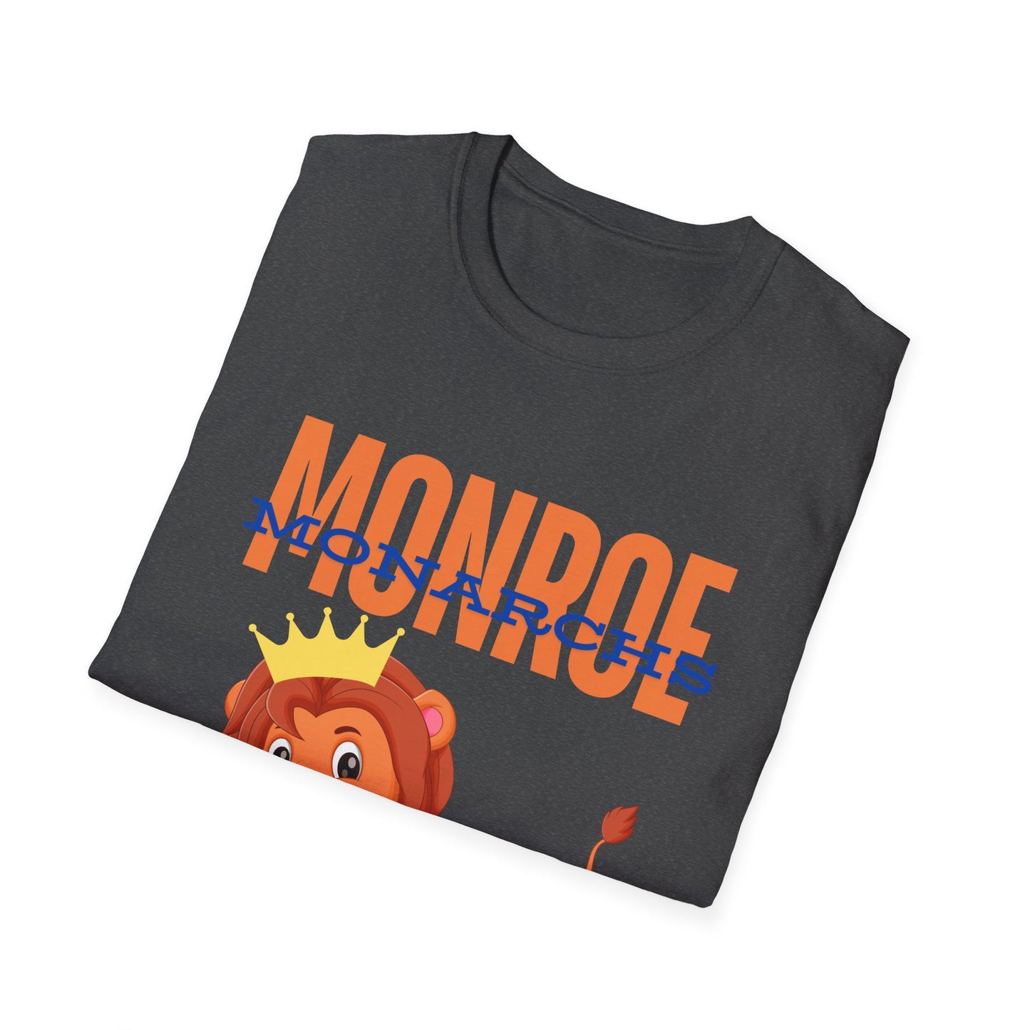 Monroe (Orange) Monarchs (Blue) with Cute Lion Wearing a Crown Leaping Adult Unisex Soft Tshirt