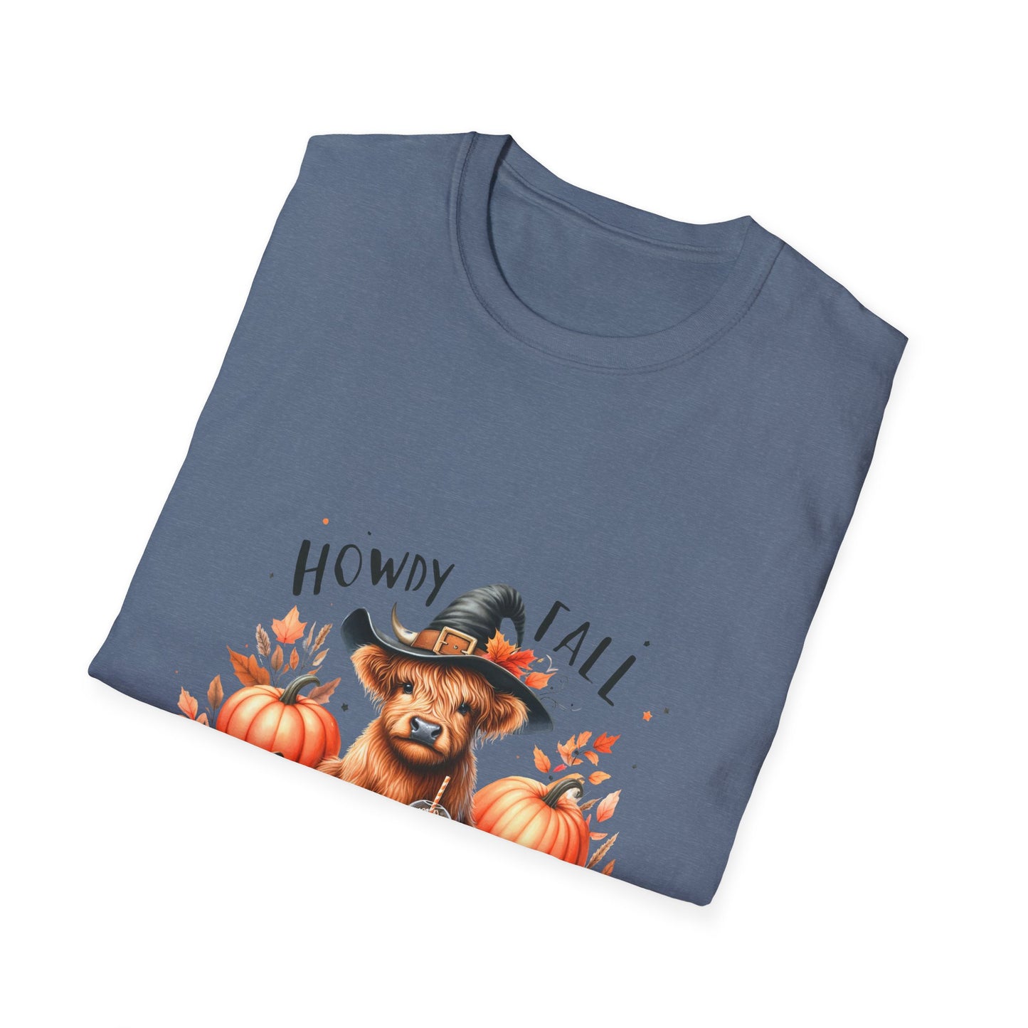Halloween Cow with Latte Unisex Softstyle T-Shirt - "Howdy Fall" Design