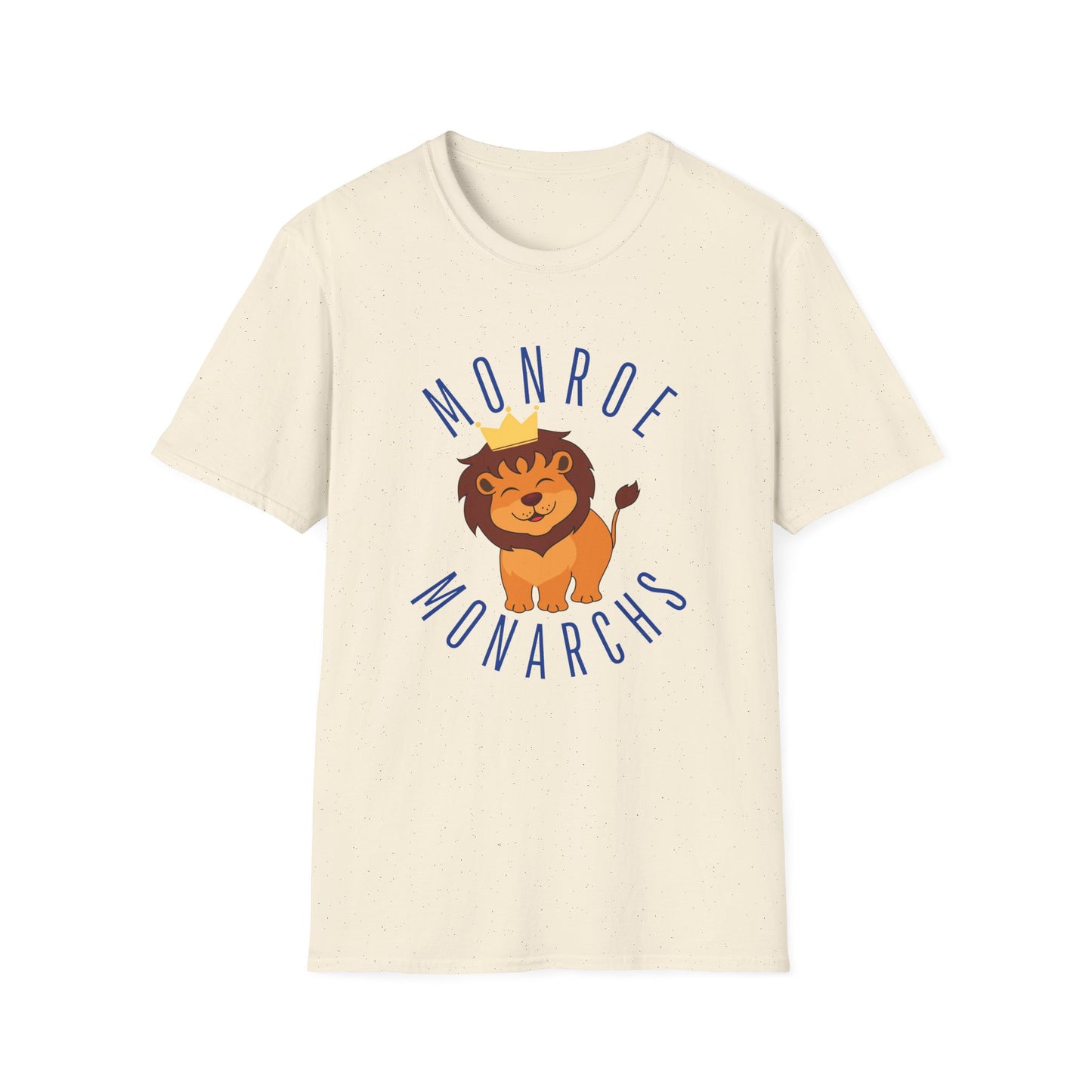 Monroe Monarchs in Blue Lettering with Cute Grinning Lion Adult T-Shirt - Fun & Stylish School Spirit Wear