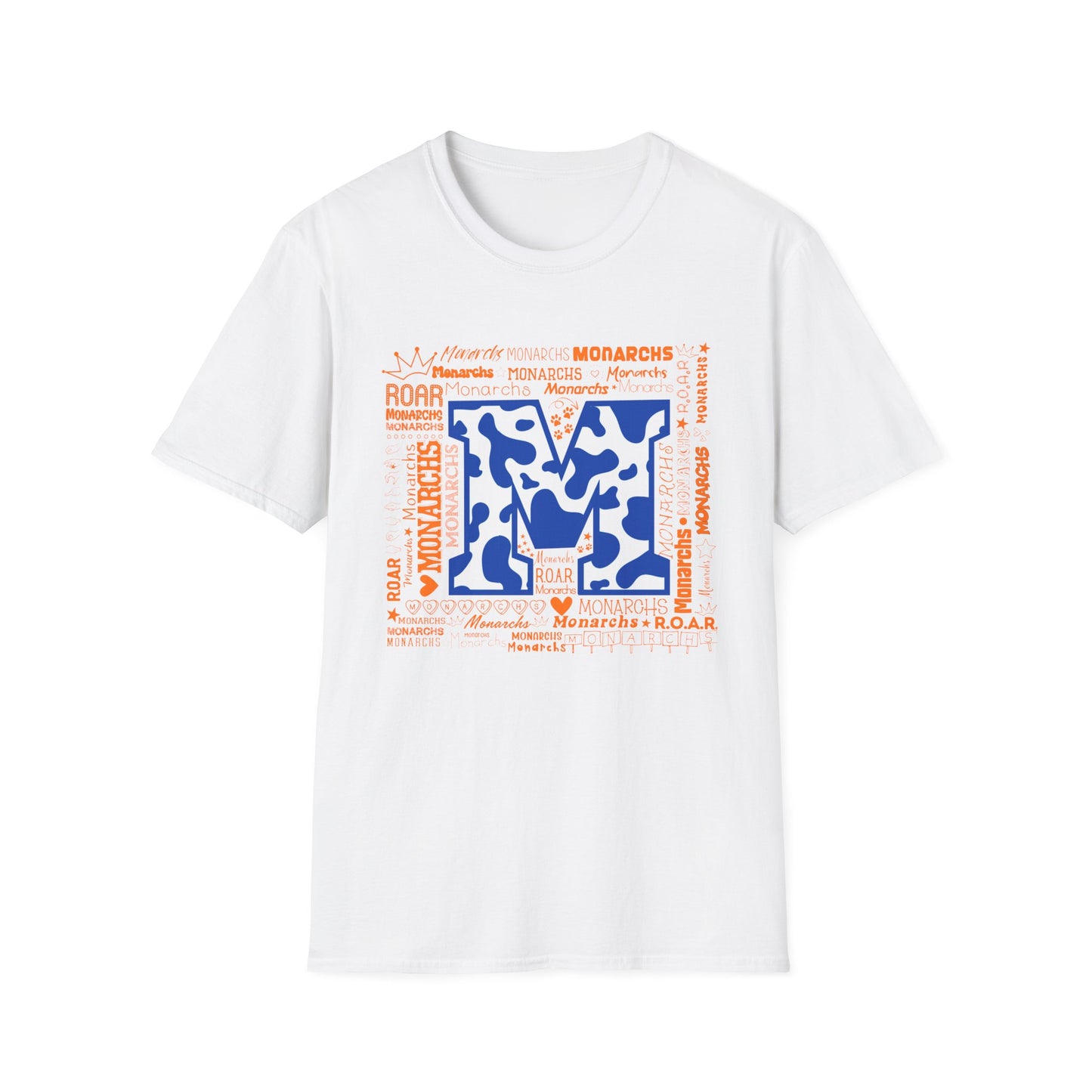Blue Cow Print M Monarchs Unisex Softstyle T-Shirt - Monarchs Roar Graphic Tee for School Spirit