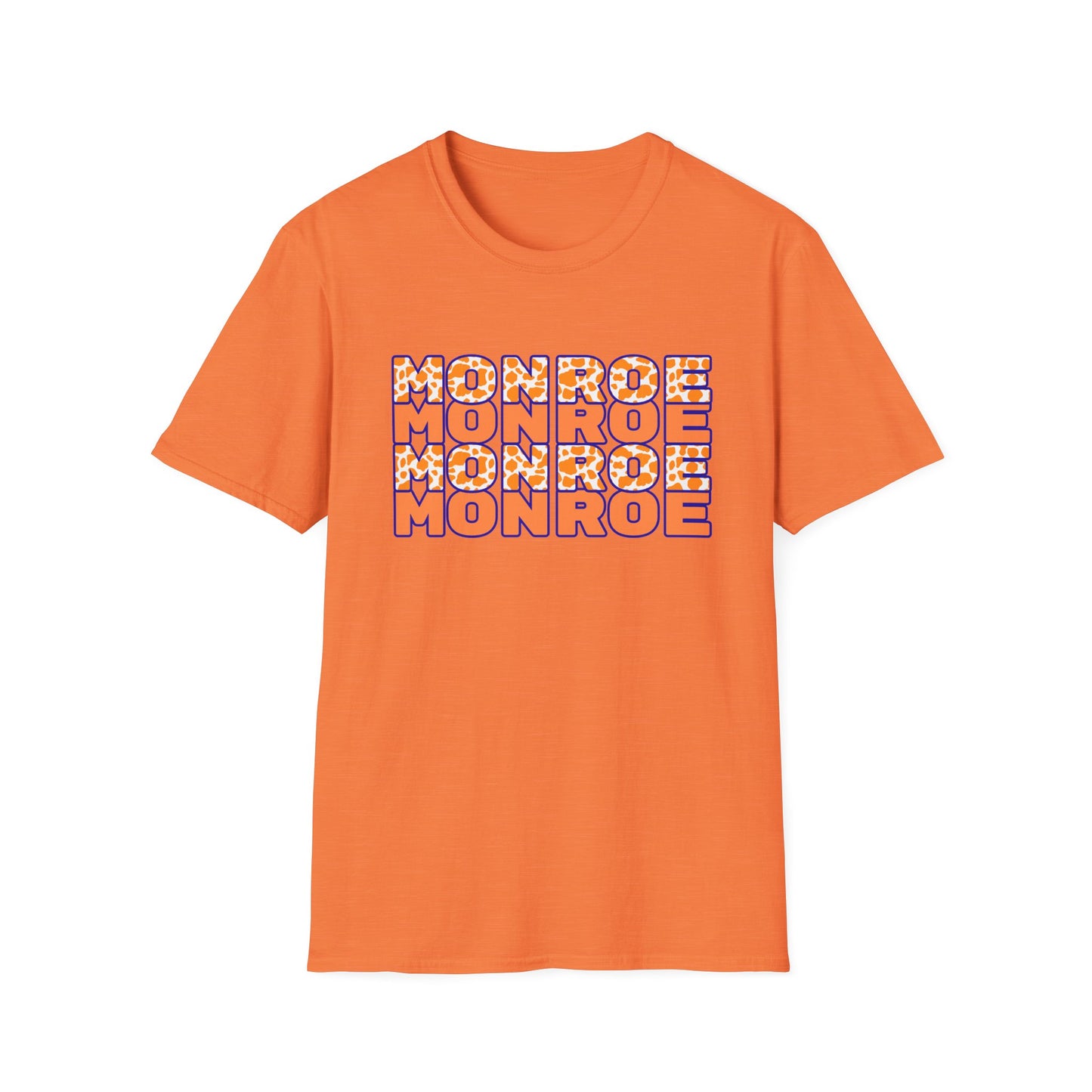 Monroe Cow Print Orange Graphic Unisex Softstyle T-Shirt - Casual Blue Tee for Every Occasion