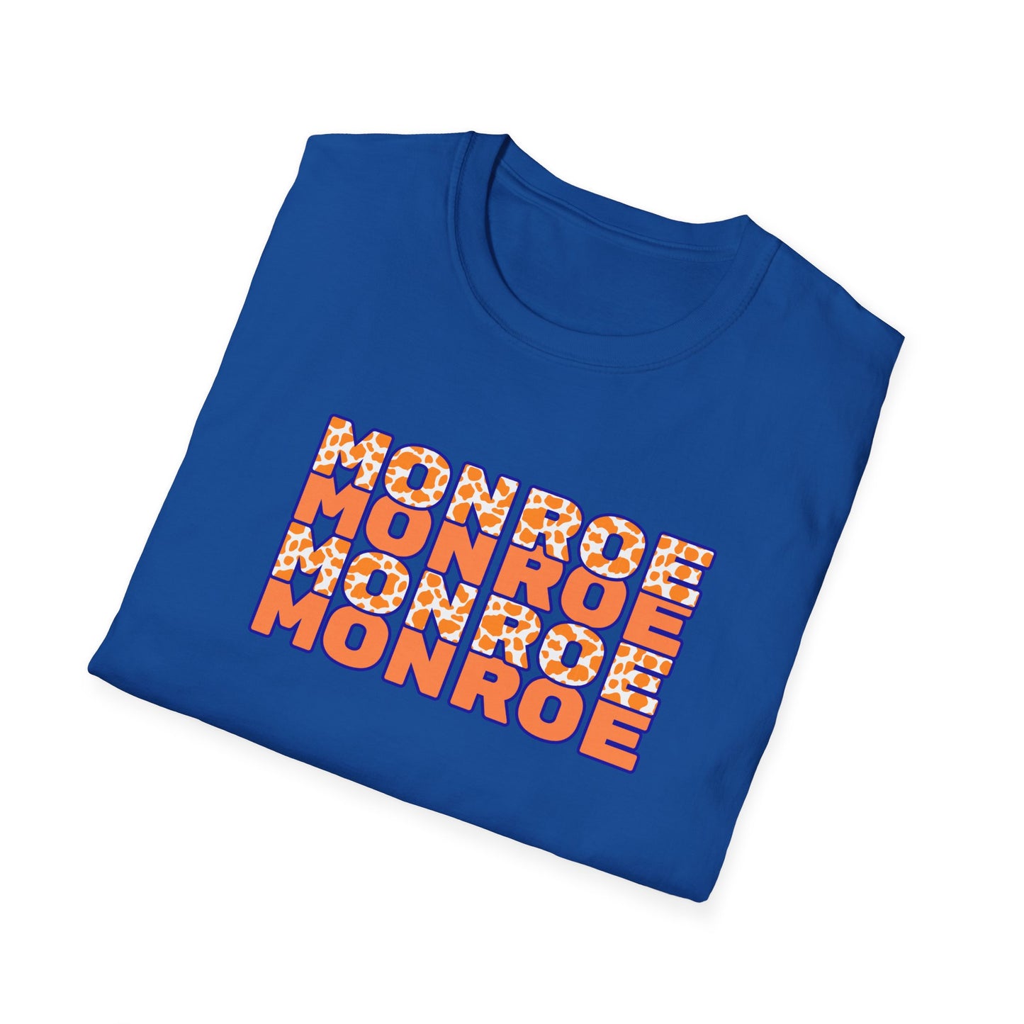 Monroe Cow Print Orange Graphic Unisex Softstyle T-Shirt - Casual Blue Tee for Every Occasion