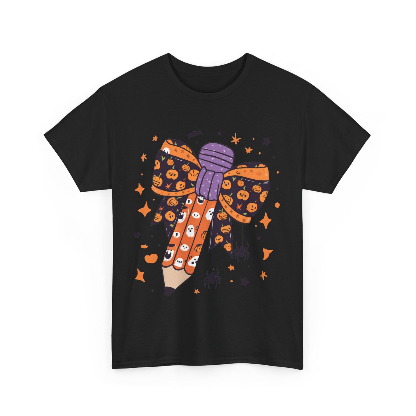 Halloween Pencil Bow School Teacher Unisex Heavy Cotton Tee