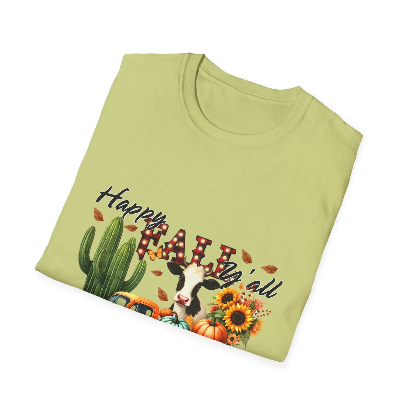 Happy Fall Y'all Unisex Softstyle Cow. FarmT-Shirt - Autumn Vibe Tee with Pumpkins and Sunflowers