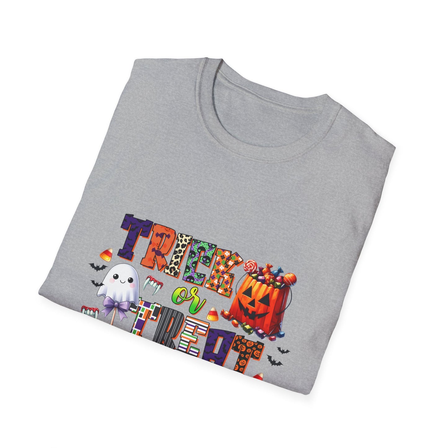 Halloween Trick or Treat T-Shirt - Unisex Softstyle Tee with Ghost and Pumpkin Design