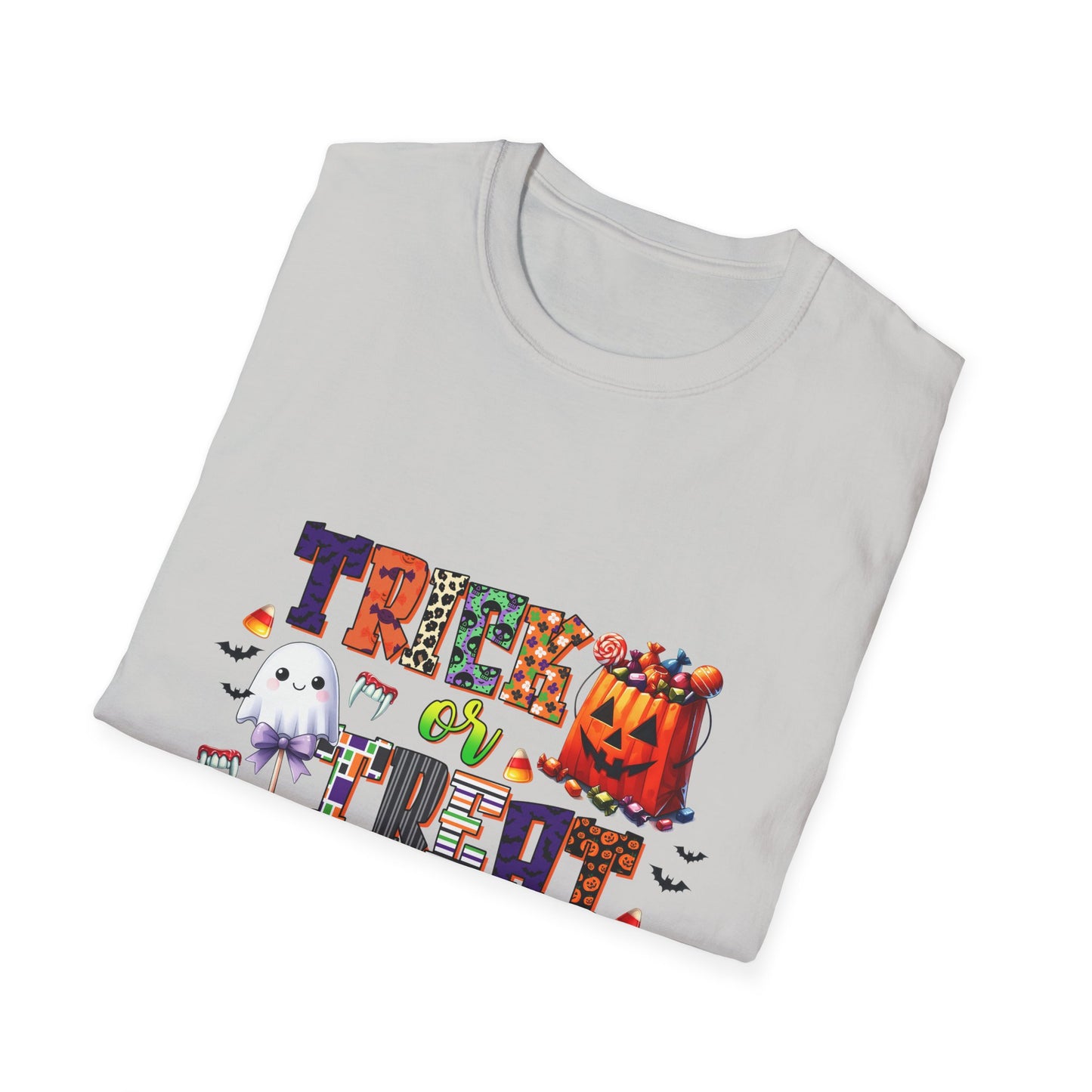 Halloween Trick or Treat T-Shirt - Unisex Softstyle Tee with Ghost and Pumpkin Design