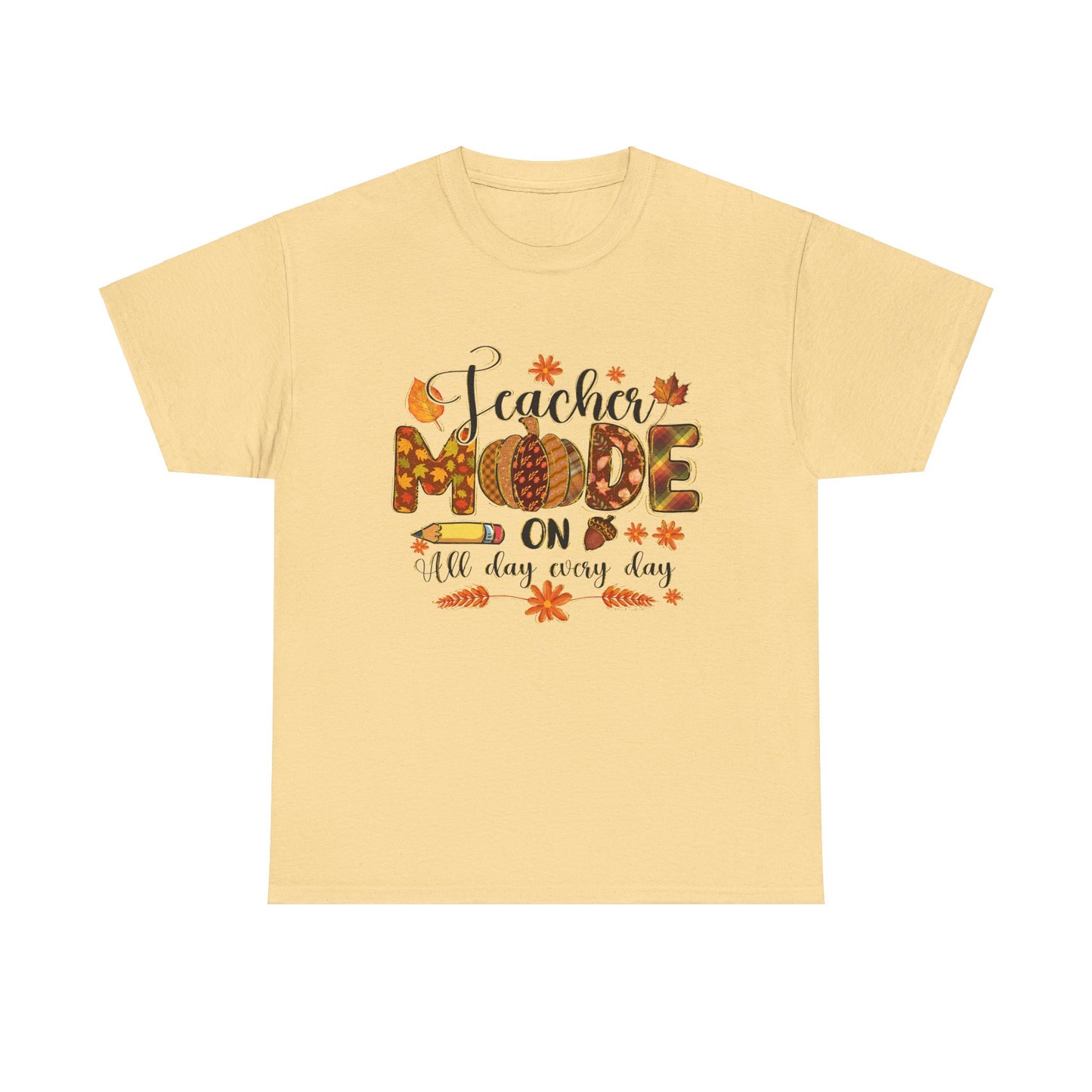 "Teacher Mode on Every Day All Day" Fall Teacher Unisex Heavy Cotton Tee - Fall Inspired Design