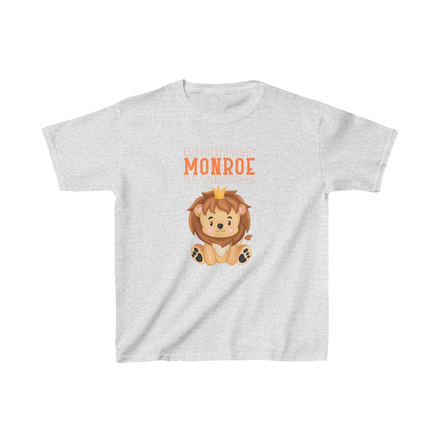 Kids Tee - Cute Lion with Crown and Monroe Lettering in Orange
