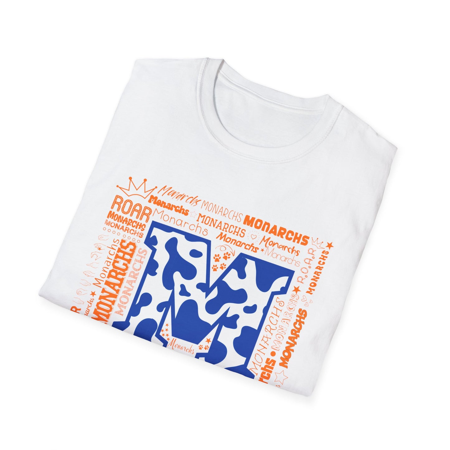 Blue Cow Print M Monarchs Unisex Softstyle T-Shirt - Monarchs Roar Graphic Tee for School Spirit
