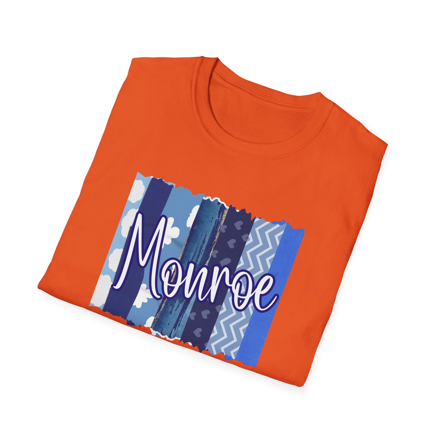 Monroe Blue Patchwork Unisex Softstyle T-Shirt - Perfect for Casual Wear & Gift Giving