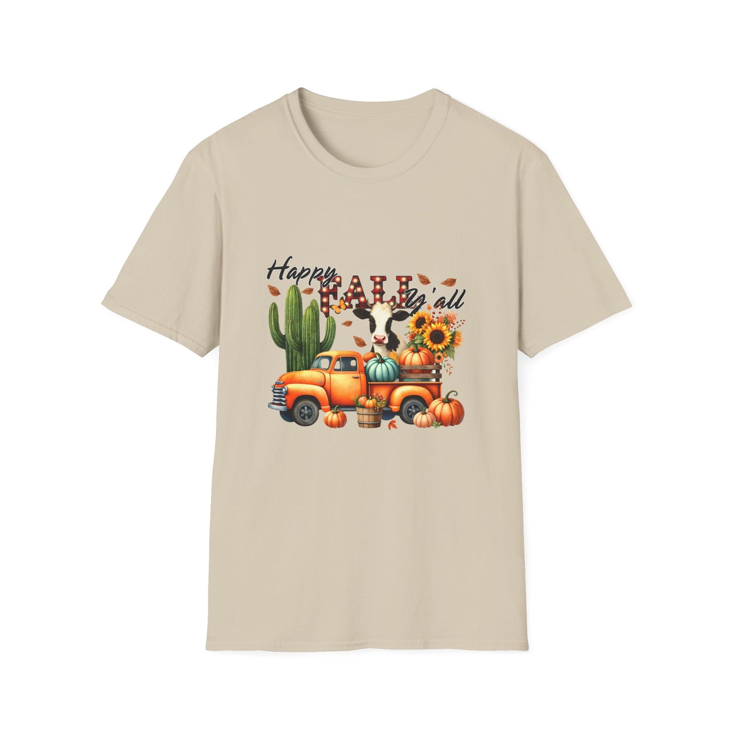 Happy Fall Y'all Unisex Softstyle Cow. FarmT-Shirt - Autumn Vibe Tee with Pumpkins and Sunflowers