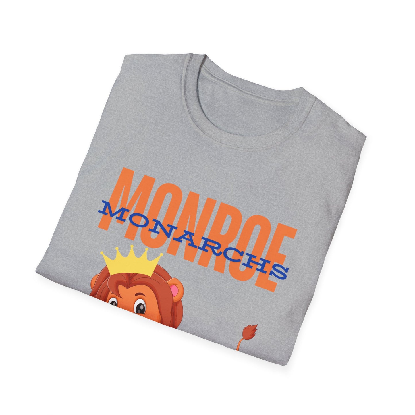 Monroe (Orange) Monarchs (Blue) with Cute Lion Wearing a Crown Leaping Adult Unisex Soft Tshirt