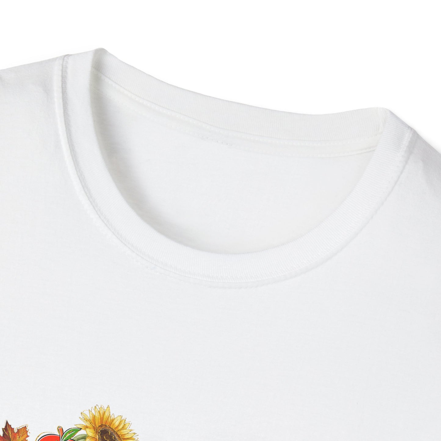 "Teaching is Work of Heart" Fall Teacher Unisex Softstyle T-Shirt - Pumpkin and Sunflower Design for Teachers