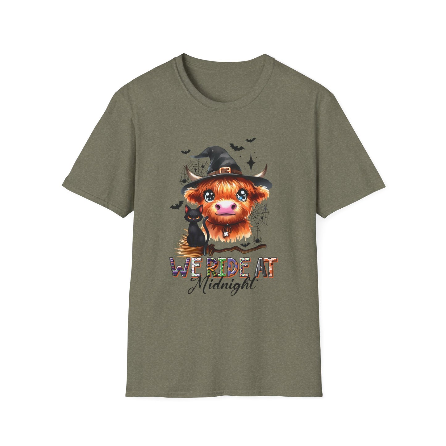 Halloween Cow Graphic T-Shirt - "We're Out at Midnight" - Unisex Softstyle Tee