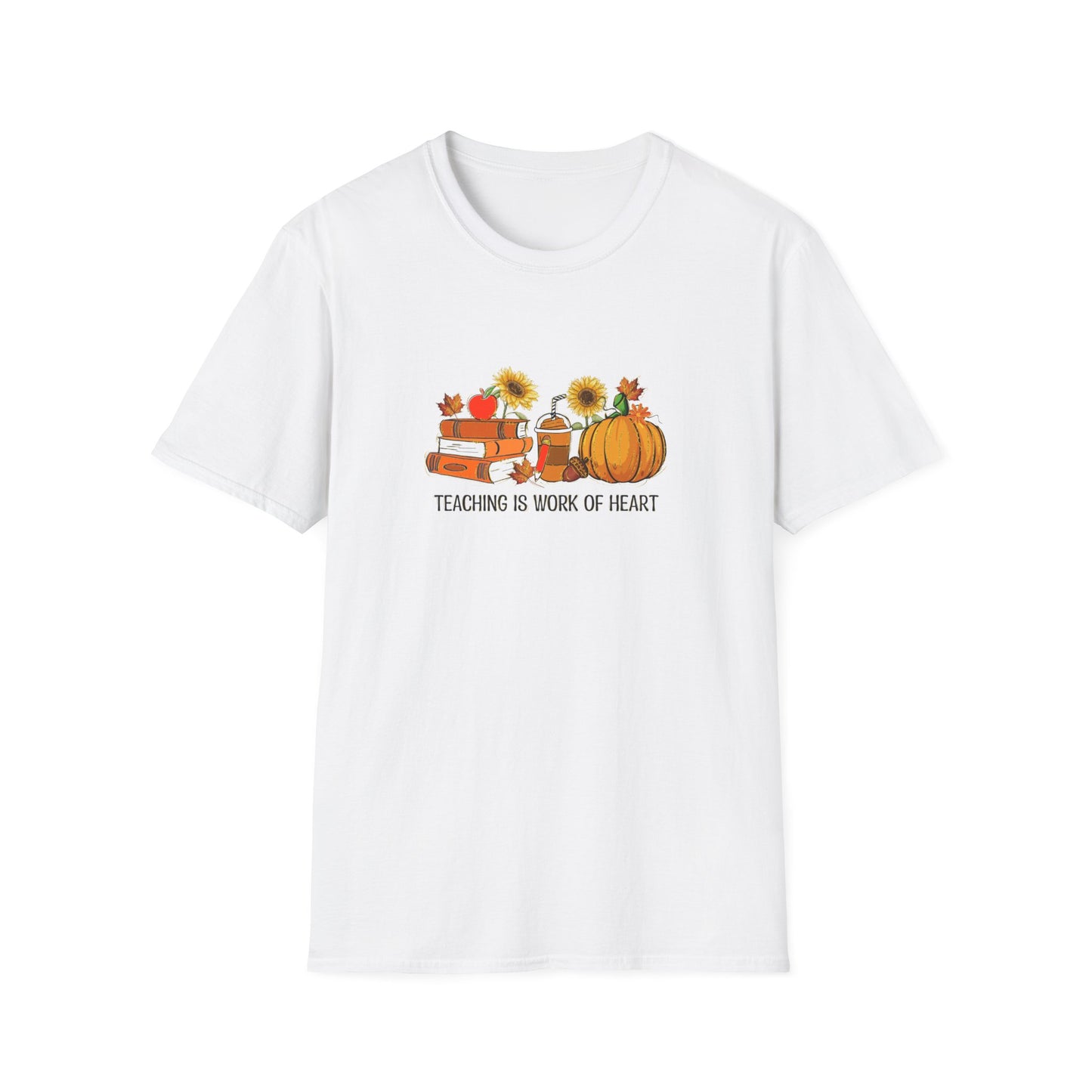 "Teaching is Work of Heart" Fall Teacher Unisex Softstyle T-Shirt - Pumpkin and Sunflower Design for Teachers