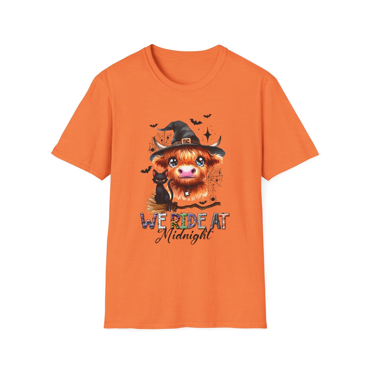 Halloween Cow Graphic T-Shirt - "We're Out at Midnight" - Unisex Softstyle Tee