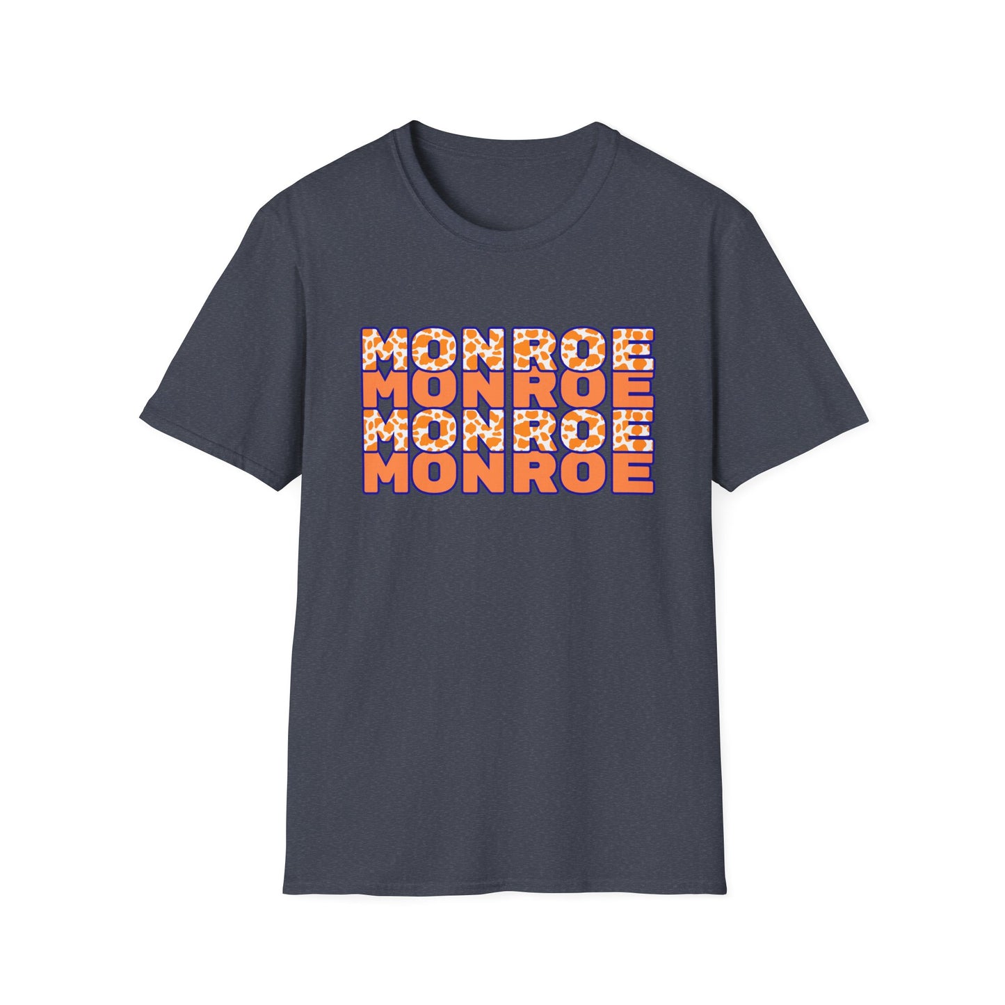 Monroe Cow Print Orange Graphic Unisex Softstyle T-Shirt - Casual Blue Tee for Every Occasion