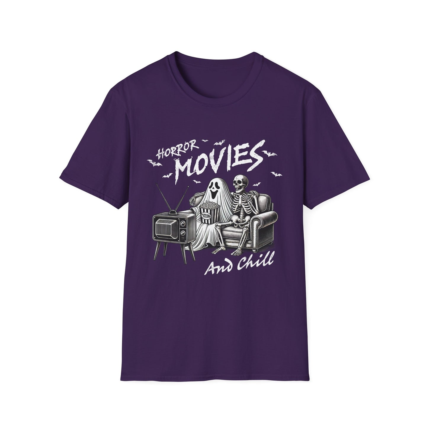 Horror Movies and Chill Unisex Softstyle T-Shirt -Movie Lover or Great Halloween Shirt