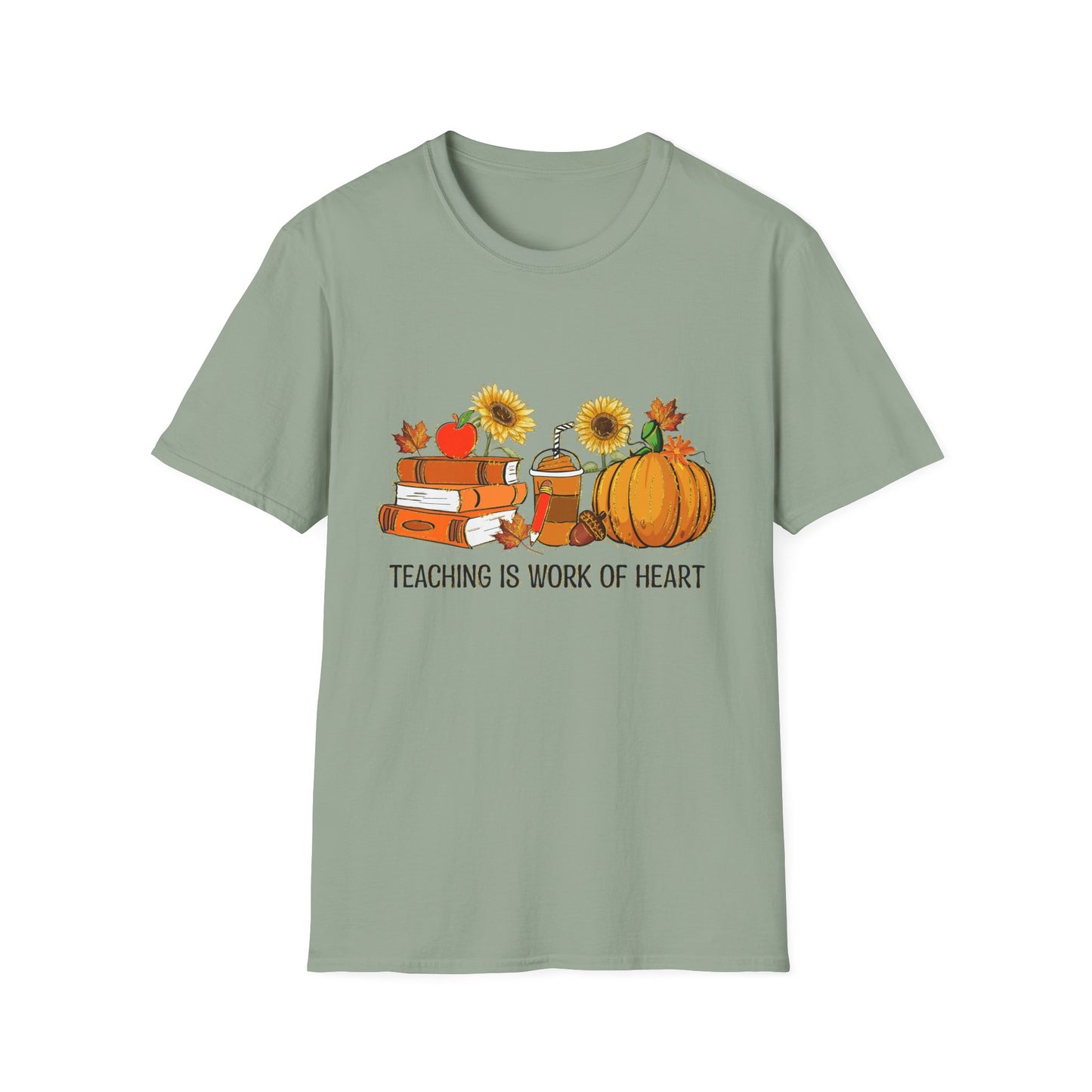 "Teaching is Work of Heart" Fall Teacher Unisex Softstyle T-Shirt - Pumpkin and Sunflower Design for Teachers