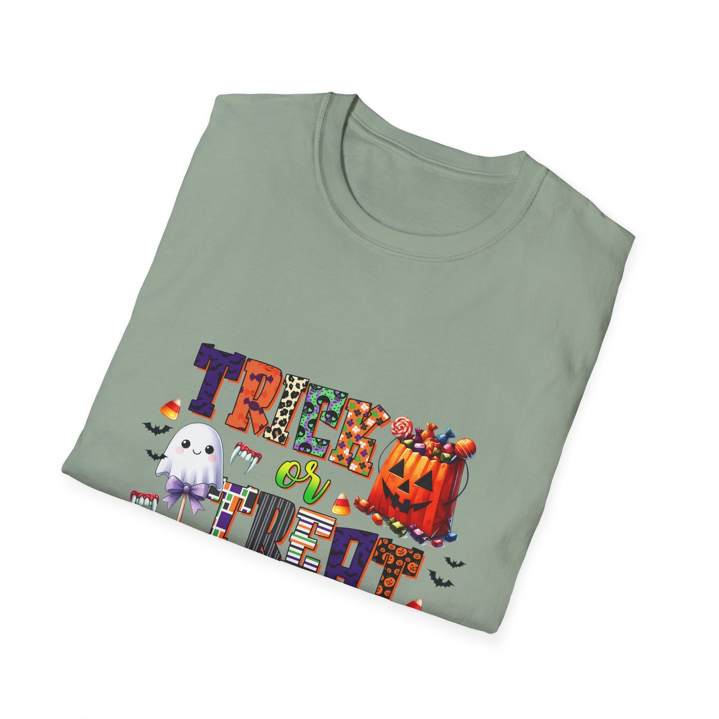 Halloween Trick or Treat T-Shirt - Unisex Softstyle Tee with Ghost and Pumpkin Design