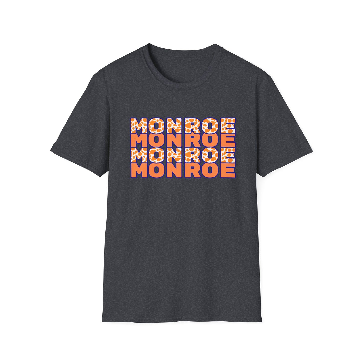 Monroe Cow Print Orange Graphic Unisex Softstyle T-Shirt - Casual Blue Tee for Every Occasion
