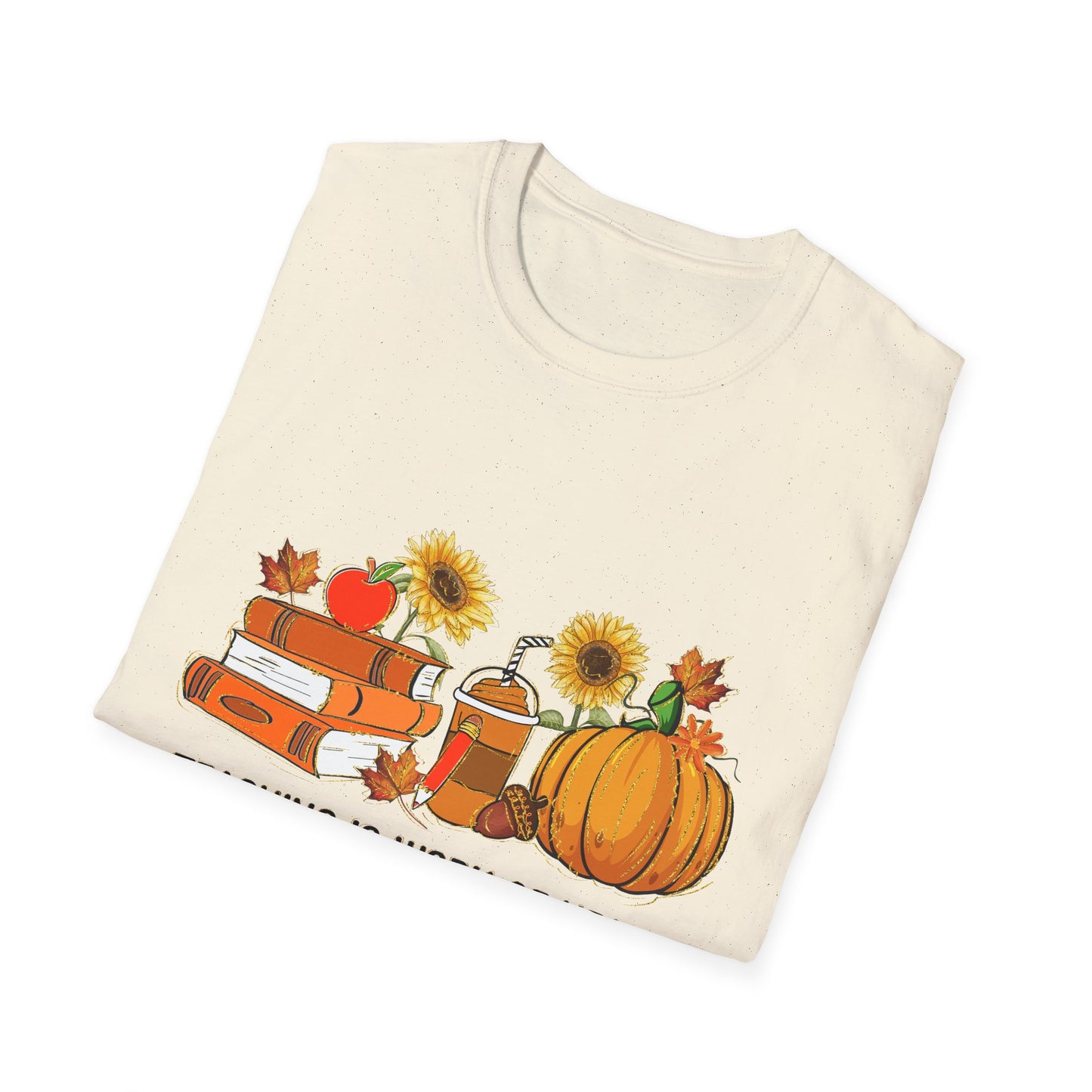 "Teaching is Work of Heart" Fall Teacher Unisex Softstyle T-Shirt - Pumpkin and Sunflower Design for Teachers