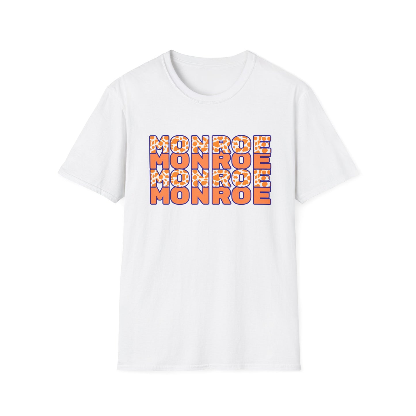 Monroe Cow Print Orange Graphic Unisex Softstyle T-Shirt - Casual Blue Tee for Every Occasion