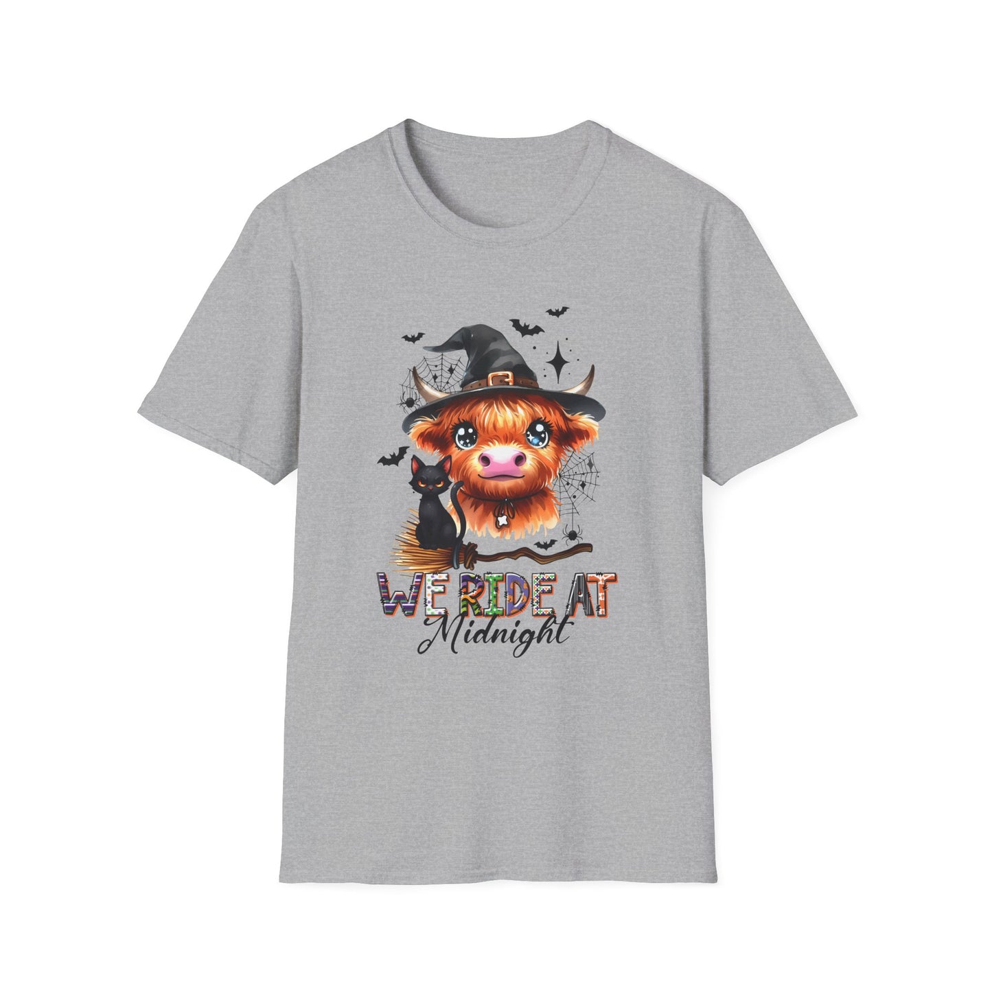 Halloween Cow Graphic T-Shirt - "We're Out at Midnight" - Unisex Softstyle Tee
