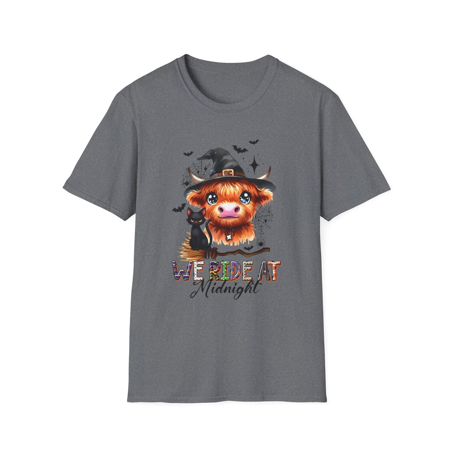 Halloween Cow Graphic T-Shirt - "We're Out at Midnight" - Unisex Softstyle Tee