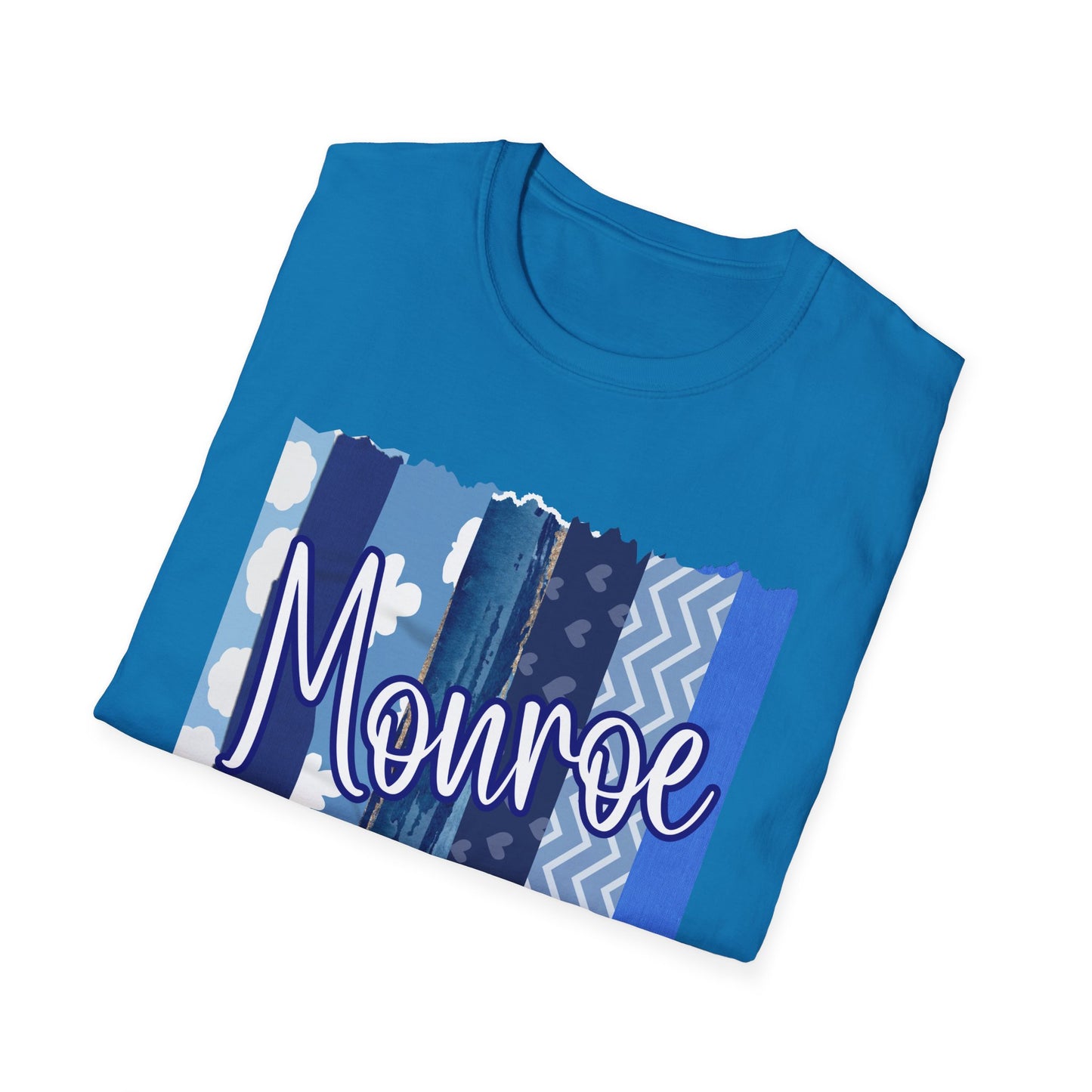 Monroe Blue Patchwork Unisex Softstyle T-Shirt - Perfect for Casual Wear & Gift Giving
