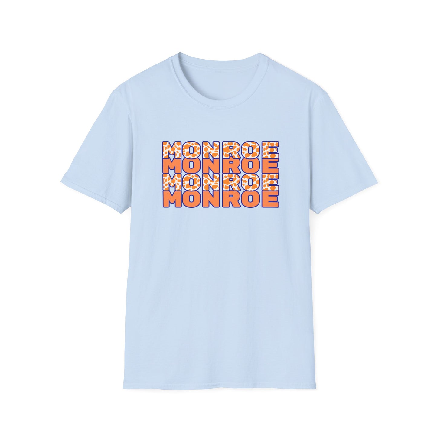 Monroe Cow Print Orange Graphic Unisex Softstyle T-Shirt - Casual Blue Tee for Every Occasion