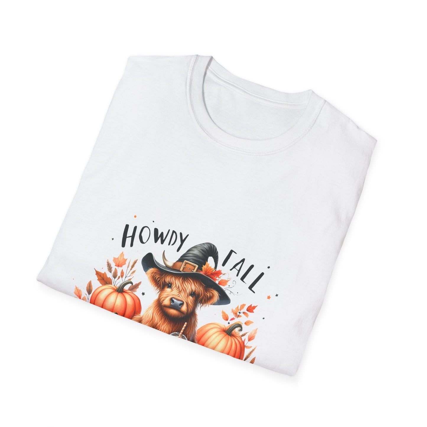 Halloween Cow with Latte Unisex Softstyle T-Shirt - "Howdy Fall" Design