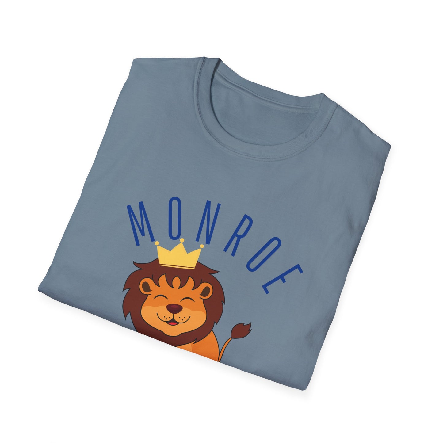 Monroe Monarchs in Blue Lettering with Cute Grinning Lion Adult T-Shirt - Fun & Stylish School Spirit Wear