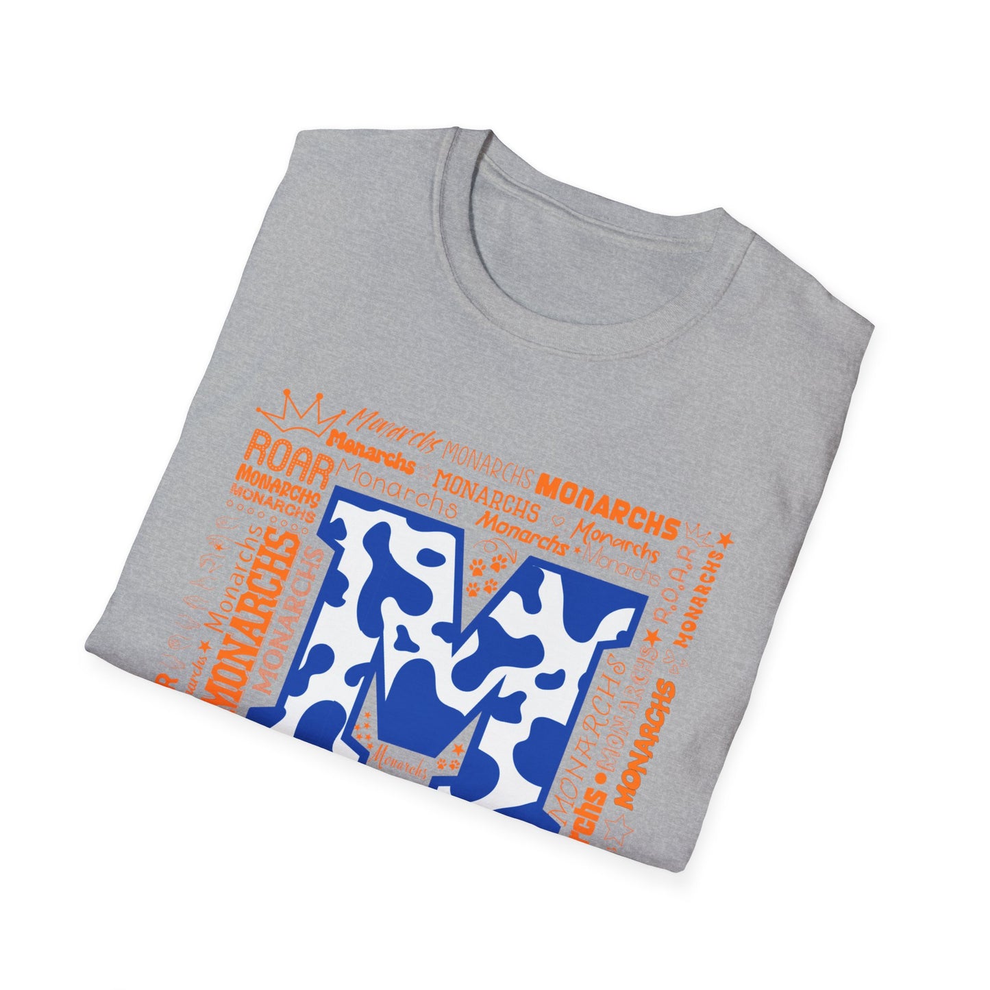 Blue Cow Print M Monarchs Unisex Softstyle T-Shirt - Monarchs Roar Graphic Tee for School Spirit