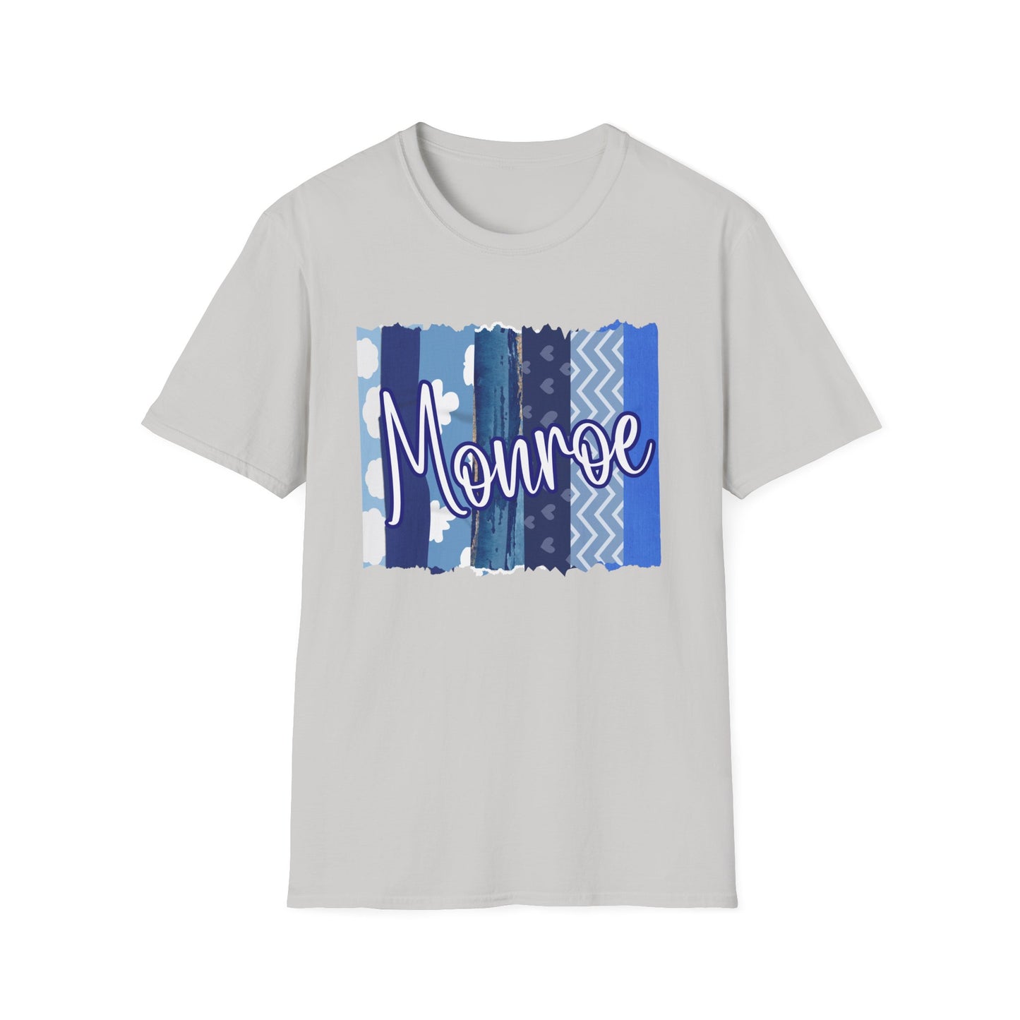 Monroe Blue Patchwork Unisex Softstyle T-Shirt - Perfect for Casual Wear & Gift Giving