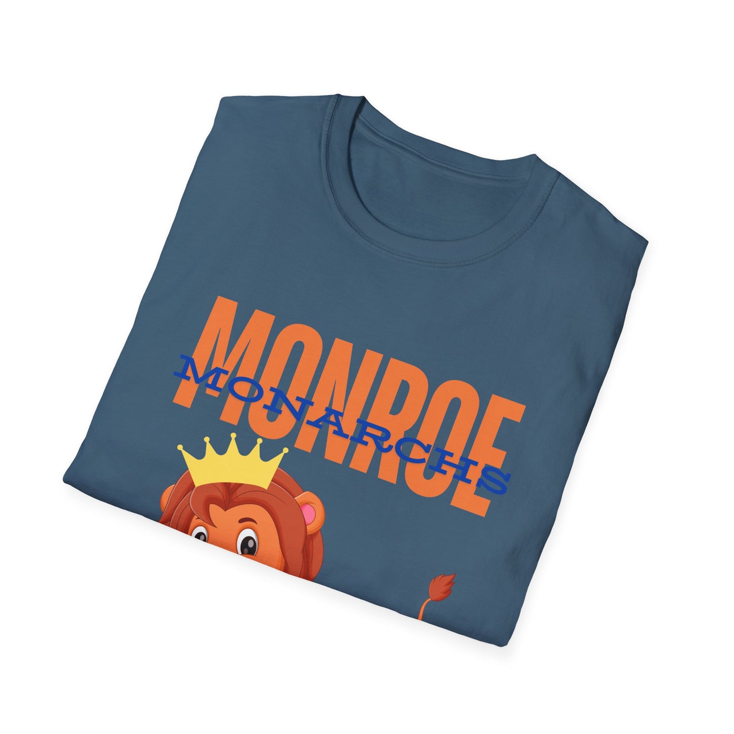 Monroe (Orange) Monarchs (Blue) with Cute Lion Wearing a Crown Leaping Adult Unisex Soft Tshirt