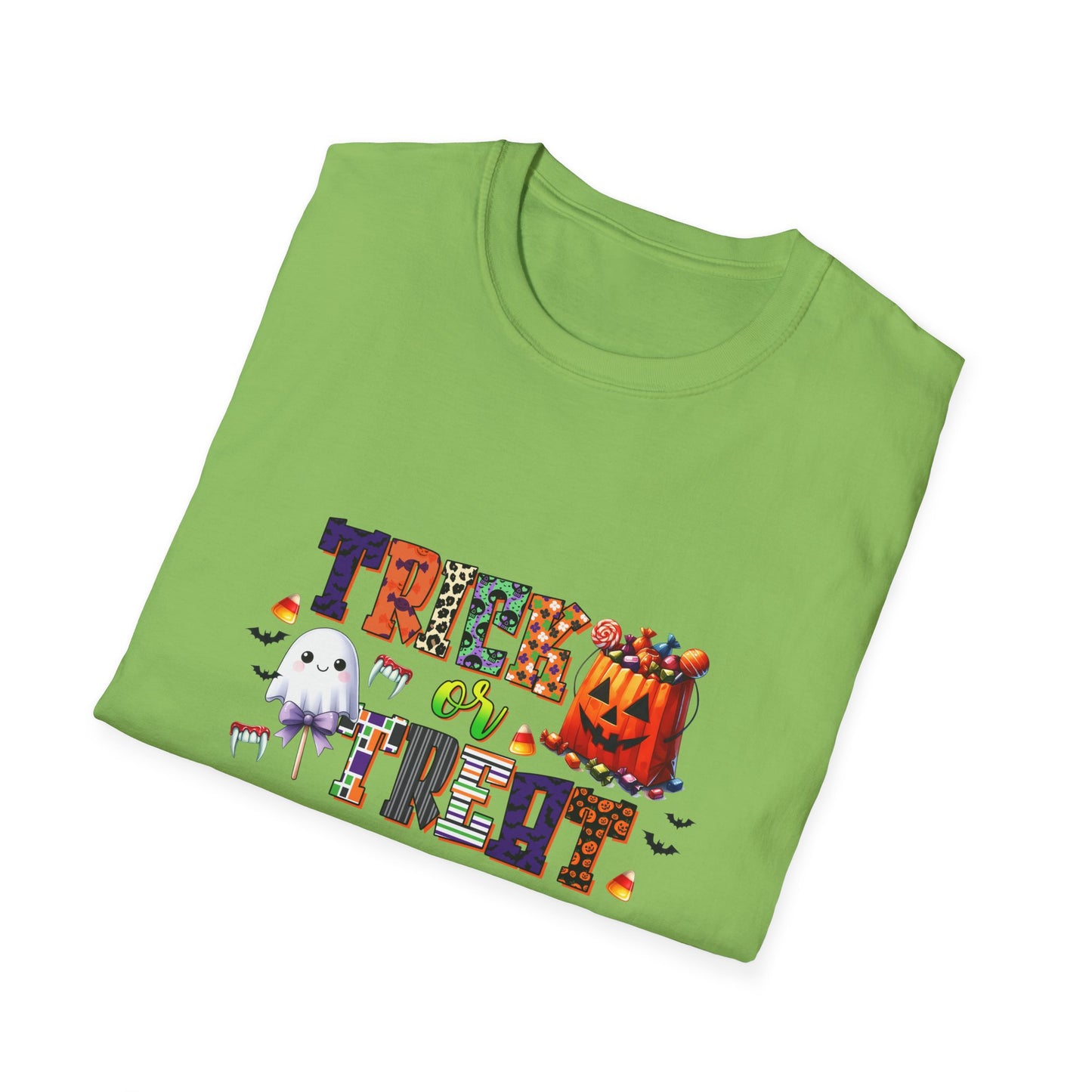 Halloween Trick or Treat T-Shirt - Unisex Softstyle Tee with Ghost and Pumpkin Design