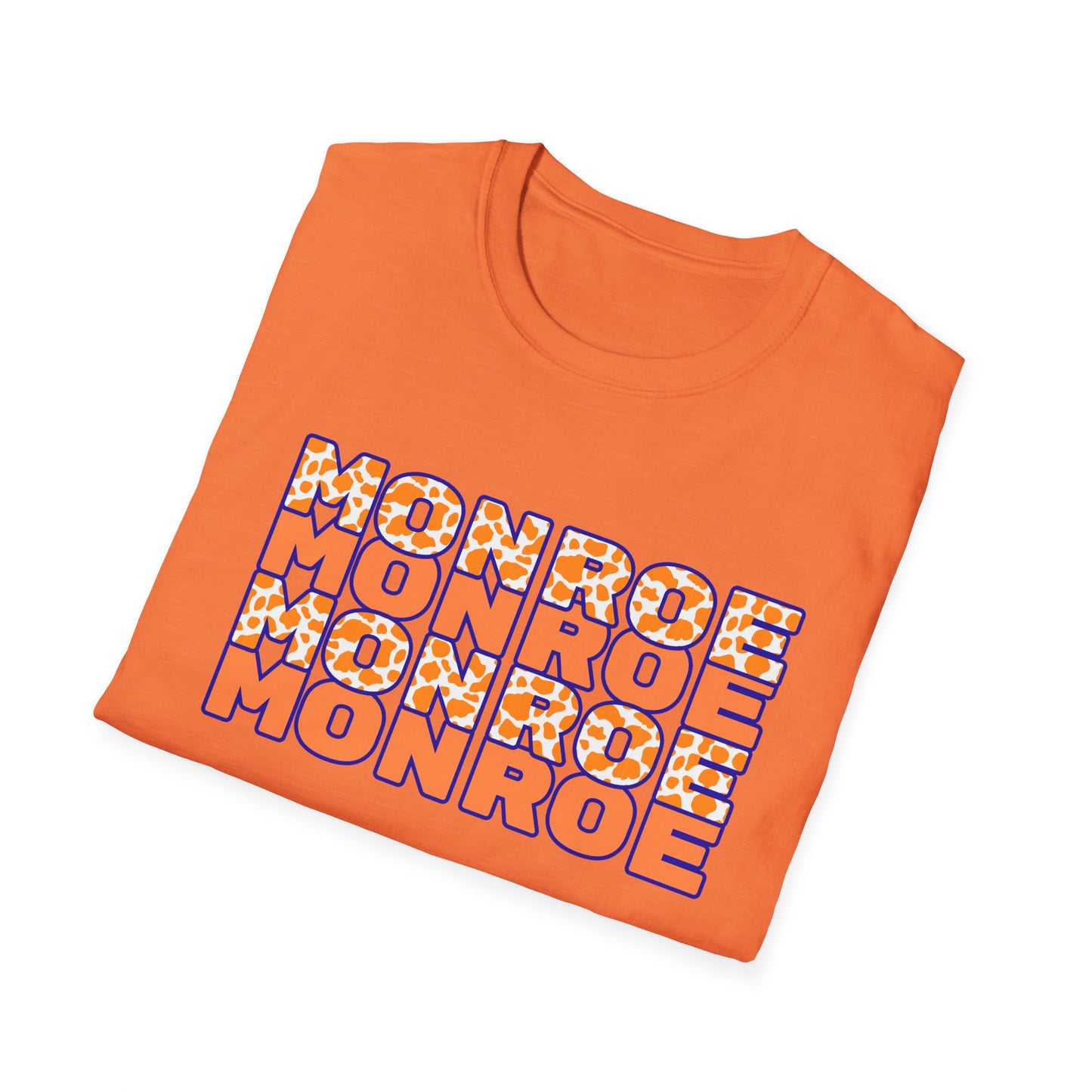 Monroe Cow Print Orange Graphic Unisex Softstyle T-Shirt - Casual Blue Tee for Every Occasion