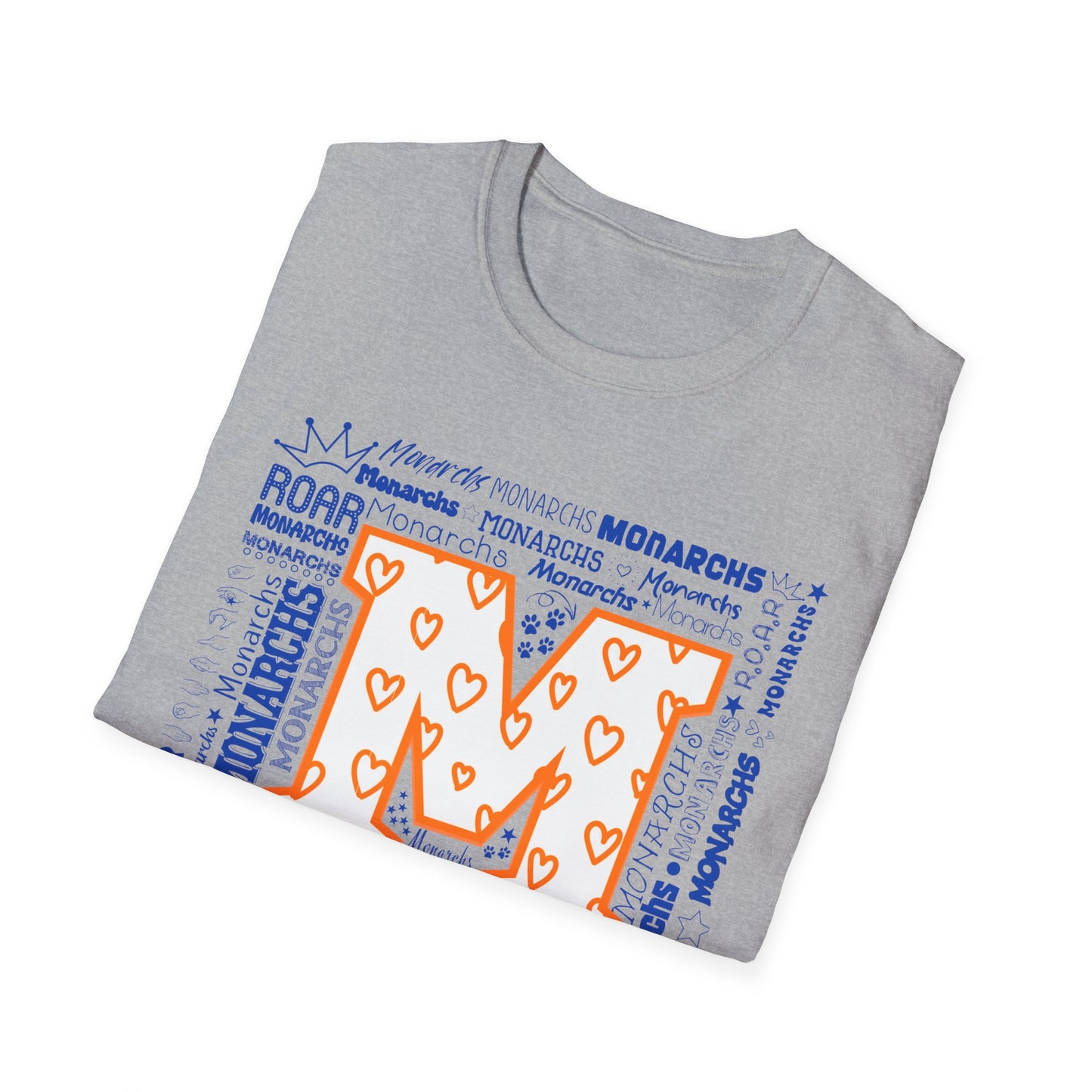 Orange Hearts M Monarch Unisex Softstyle T-Shirt - Perfect for School Spirit and Celebrations