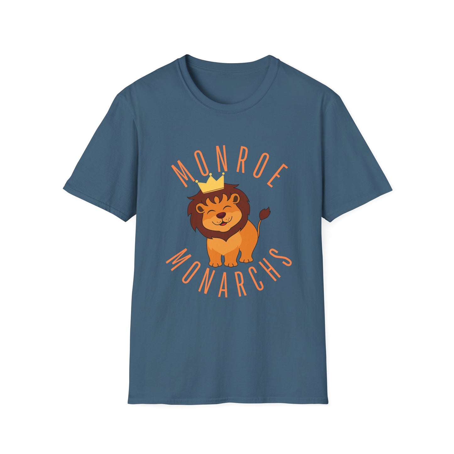 Monroe Monarchs (Orange Lettering) with Cute Grinning Lion Adult Unisex Softstyle T-Shirt