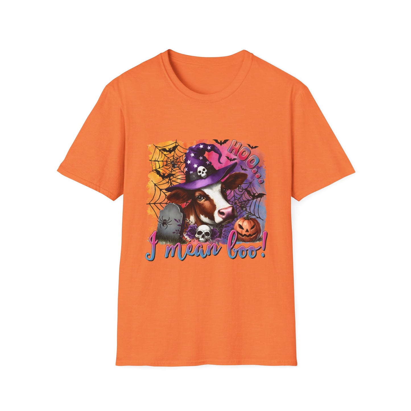 Fun Halloween Cow T-Shirt – "I Moo I Mean  Boo!" Unisex Softstyle Tee for Pet Lovers