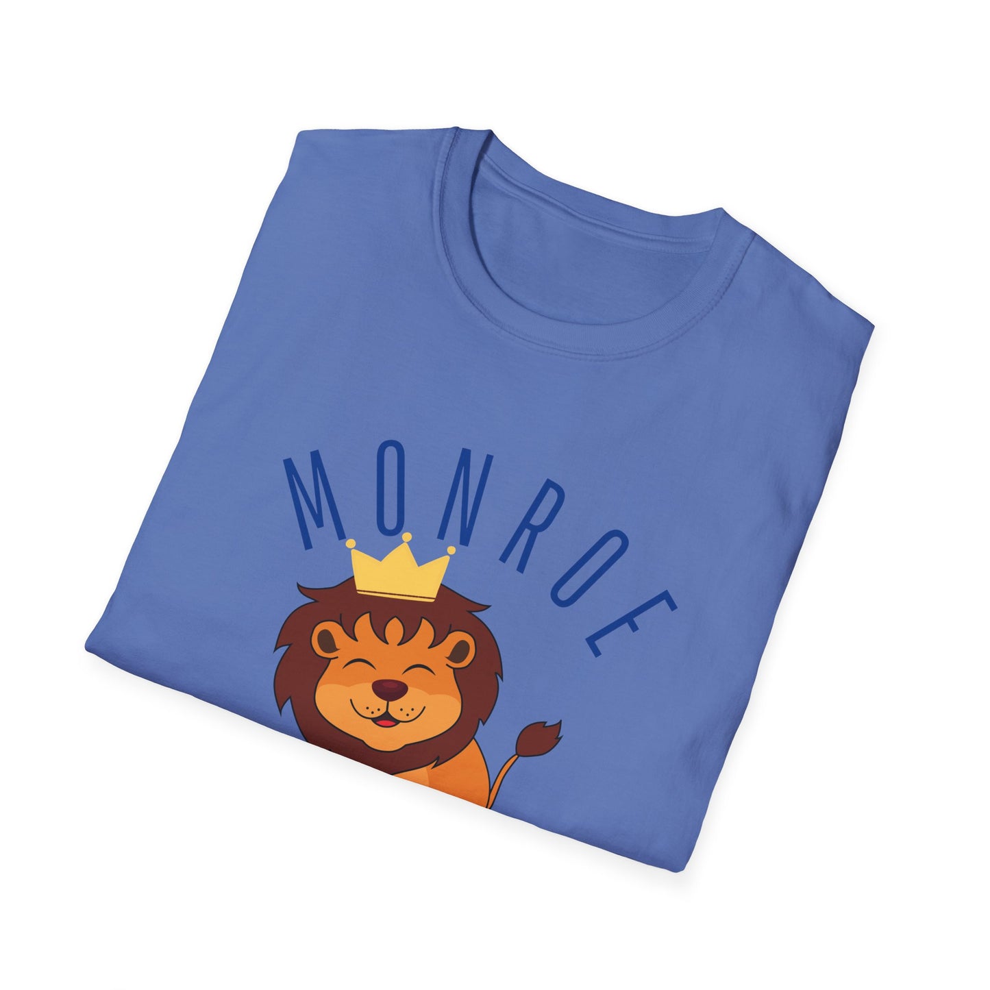 Monroe Monarchs in Blue Lettering with Cute Grinning Lion Adult T-Shirt - Fun & Stylish School Spirit Wear