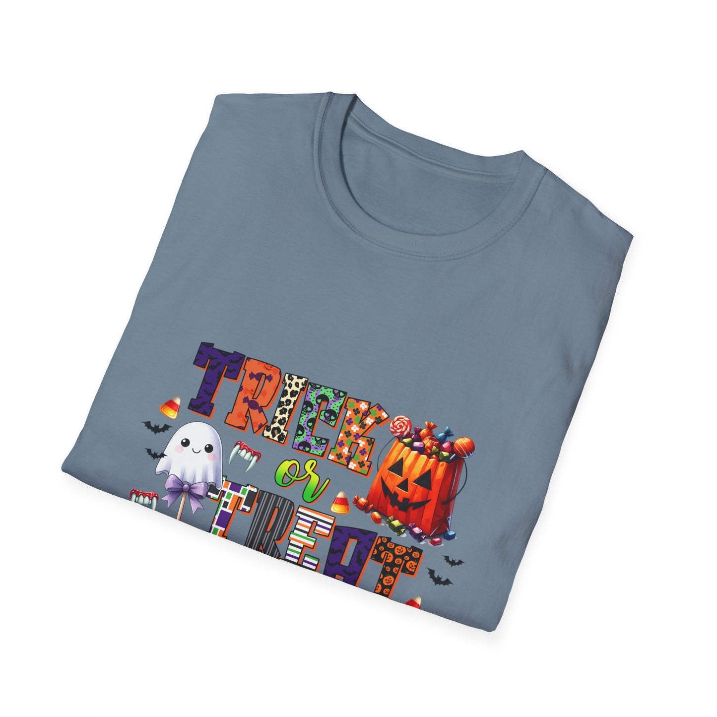 Halloween Trick or Treat T-Shirt - Unisex Softstyle Tee with Ghost and Pumpkin Design