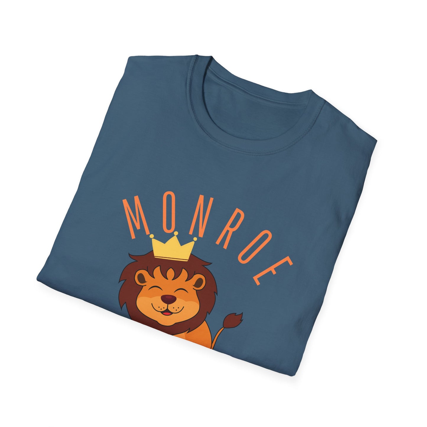 Monroe Monarchs (Orange Lettering) with Cute Grinning Lion Adult Unisex Softstyle T-Shirt